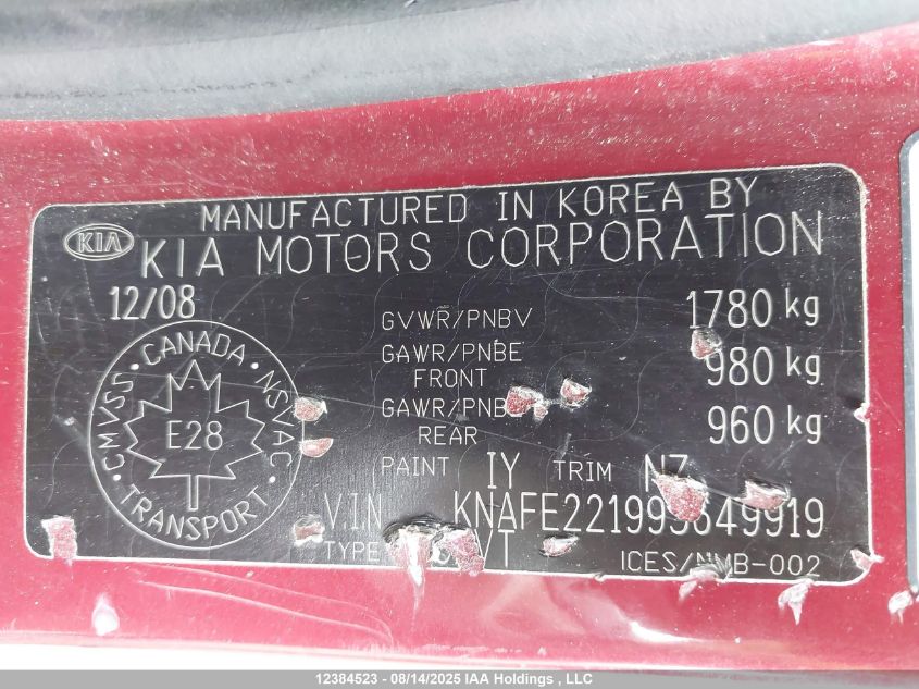 2009 Kia Spectra VIN: KNAFE221995649919 Lot: 12384523