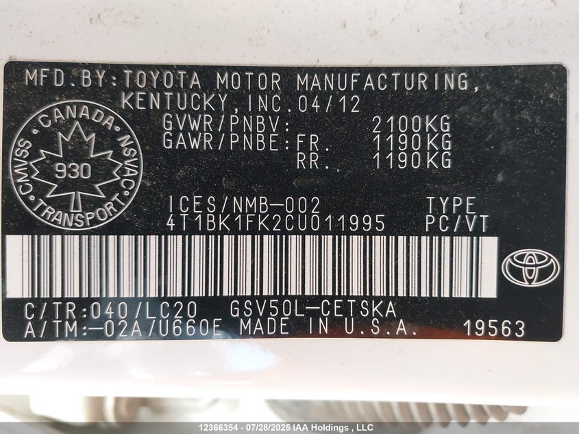 2012 Toyota Camry Se V6 VIN: 4T1BK1FK2CU011995 Lot: 12366354X