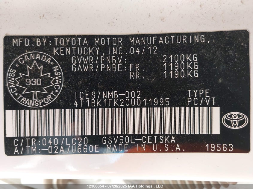 2012 Toyota Camry Se V6 VIN: 4T1BK1FK2CU011995 Lot: 12366354X