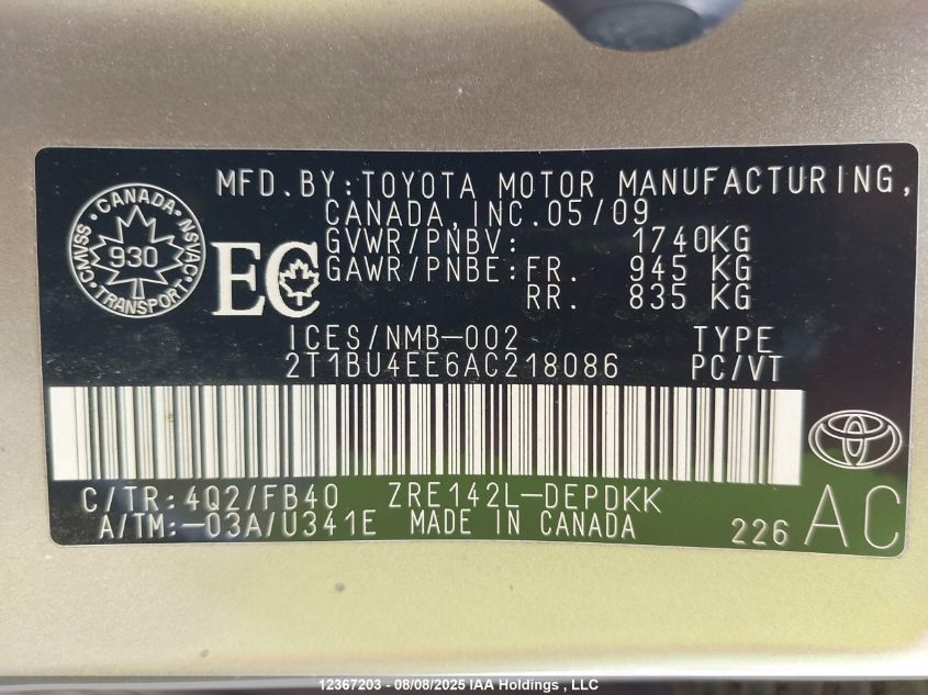 2010 Toyota Corolla Ce VIN: 2T1BU4EE6AC218086 Lot: 12367203X