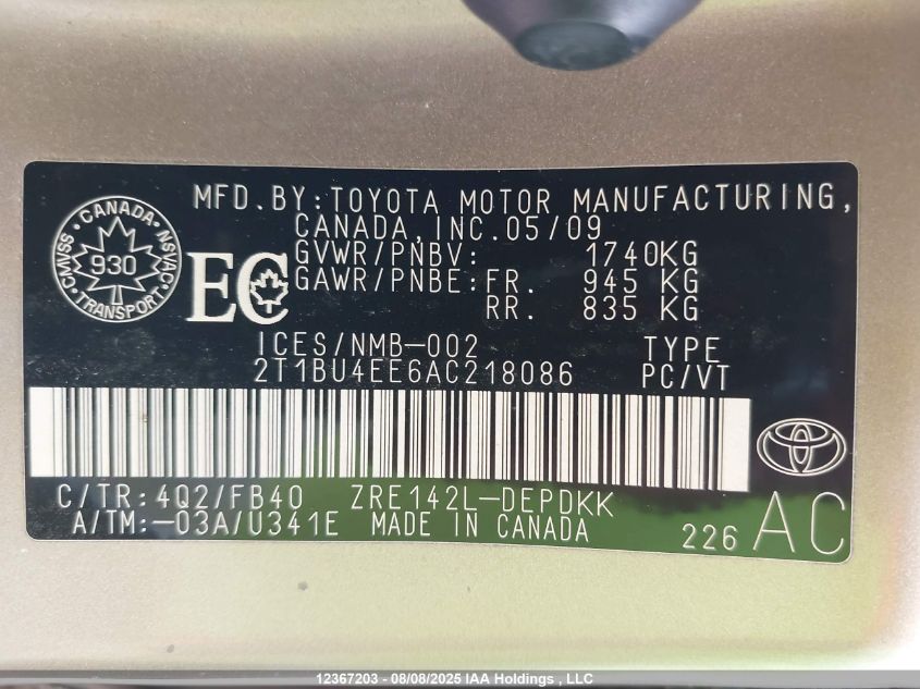 2010 Toyota Corolla Ce VIN: 2T1BU4EE6AC218086 Lot: 12367203X