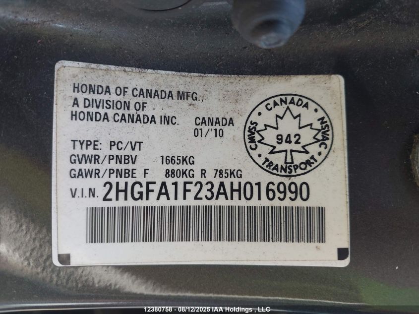 2010 Honda Civic Dx/Dx-A VIN: 2HGFA1F23AH016990 Lot: 12380758X