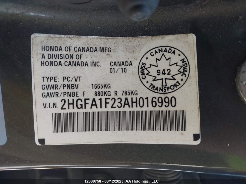 2010 Honda Civic Dx/Dx-A VIN: 2HGFA1F23AH016990 Lot: 12380758X