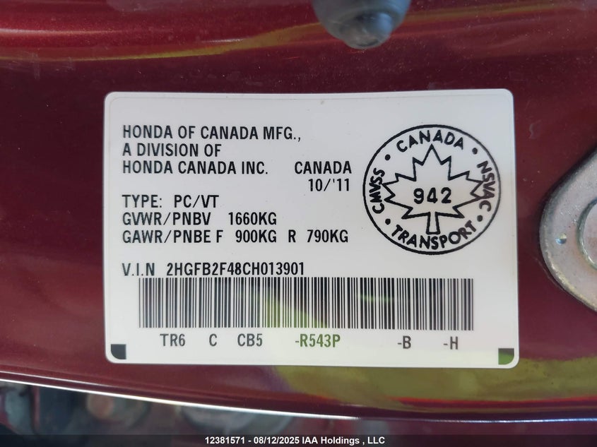 2012 Honda Civic Lx VIN: 2HGFB2F48CH013901 Lot: 12381571X