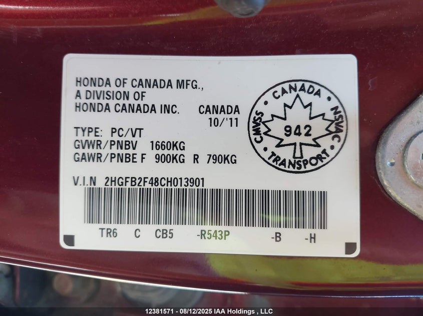 2012 Honda Civic Lx VIN: 2HGFB2F48CH013901 Lot: 12381571X