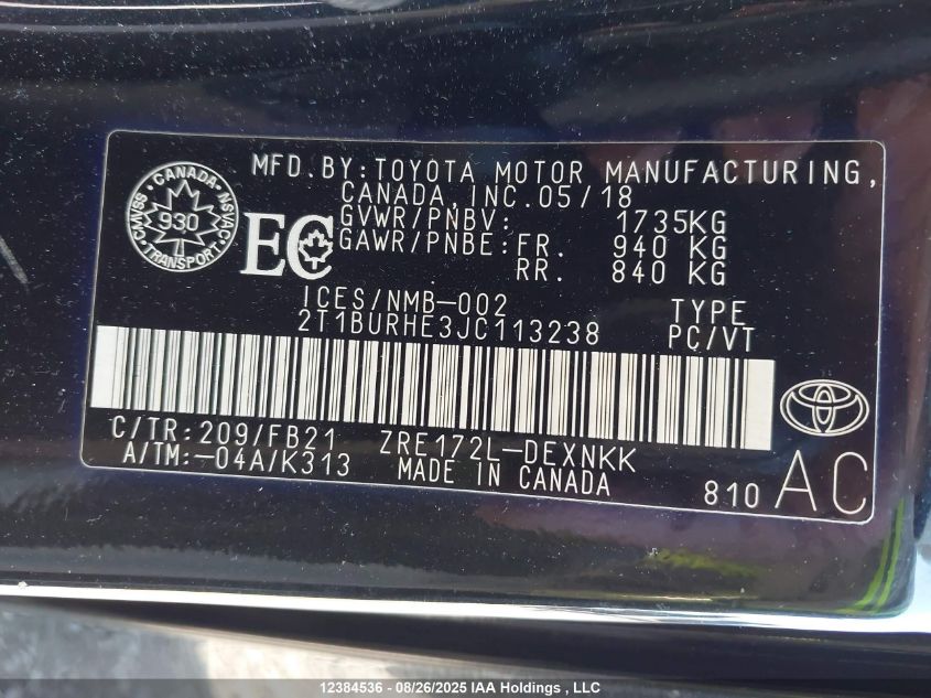 2018 Toyota Corolla L/Le/Xle/Se/Xse VIN: 2T1BURHE3JC113238 Lot: 12384536