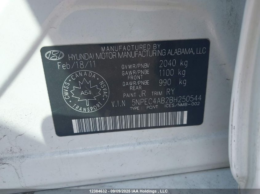 2011 Hyundai Sonata 2.0T Limited VIN: 5NPEC4AB2BH250544 Lot: 12384632