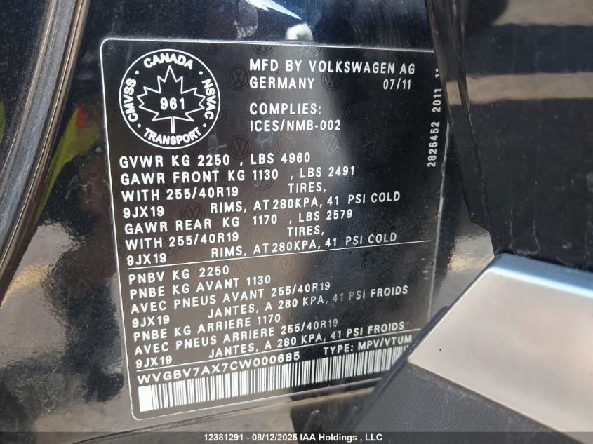 2012 Volkswagen Tiguan 2.0 Tsi Comfortline/2.0 Tsi Highline/2.0 Tsi Trendline VIN: WVGBV7AX7CW000685 Lot: 12381291X