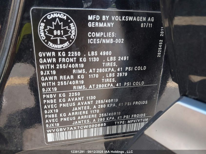 2012 Volkswagen Tiguan 2.0 Tsi Comfortline/2.0 Tsi Highline/2.0 Tsi Trendline VIN: WVGBV7AX7CW000685 Lot: 12381291X