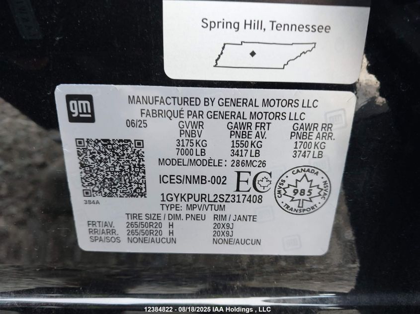 2025 Cadillac Lyriq Sport 1 Rwd VIN: 1GYKPURL2SZ317408 Lot: 12384822