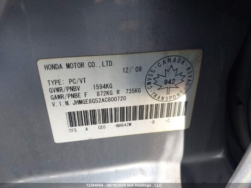 2010 Honda Fit Lx VIN: JHMGE8G52AC800720 Lot: 12384854