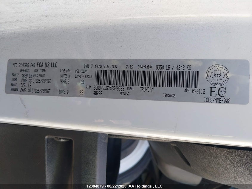 2019 Ram Promaster 3500 High Roof VIN: 3C6URVJG3KE549533 Lot: 12384879