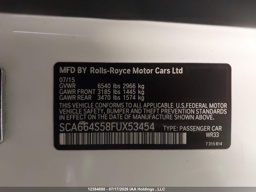 2015 ROLLS-ROYCE GHOST SEDAN 6.6L V-12 DI, DOHC, VVT, TURBO, 563HP