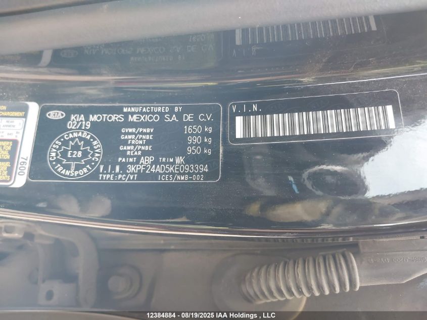 2019 Kia Forte Fe/Lx/Lxs VIN: 3KPF24AD5KE093394 Lot: 12384884