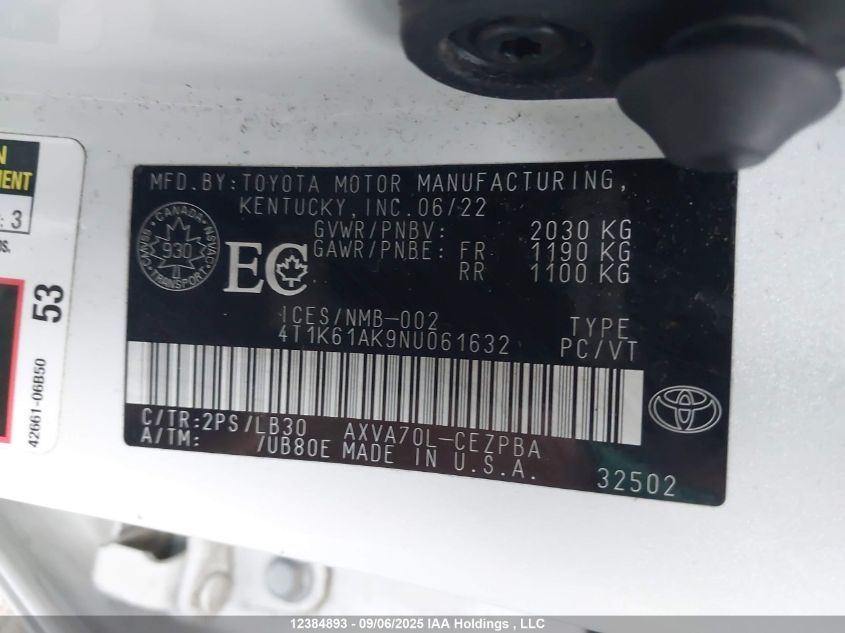 2022 Toyota Camry Xse VIN: 4T1K61AK9NU061632 Lot: 12384893