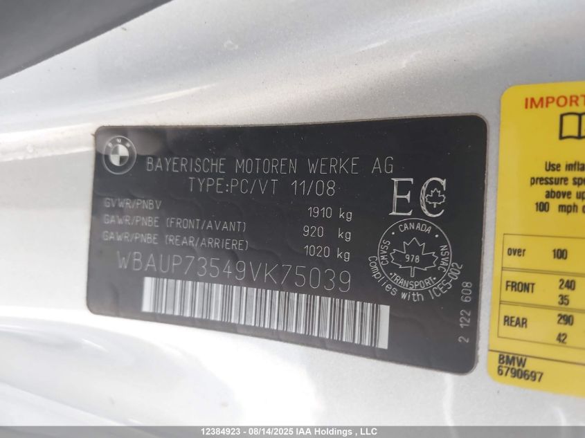 2009 BMW 128 I VIN: WBAUP73549VK75039 Lot: 12384923