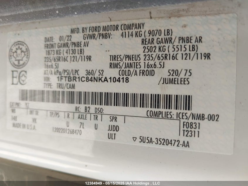 1FTBR1C84NKA10418 2022 FORD TRANSIT photo no. 9