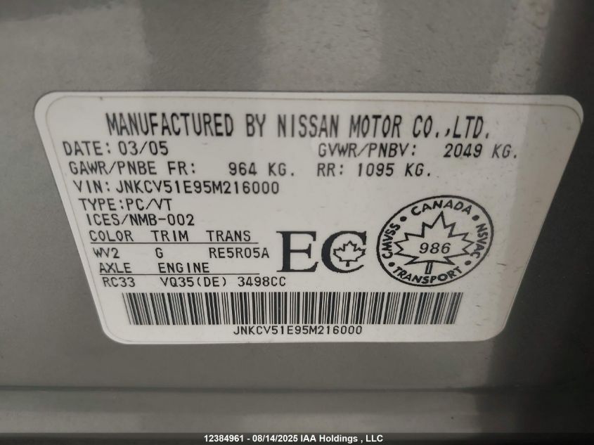 2005 Infiniti G35 VIN: JNKCV51E95M216000 Lot: 12384961