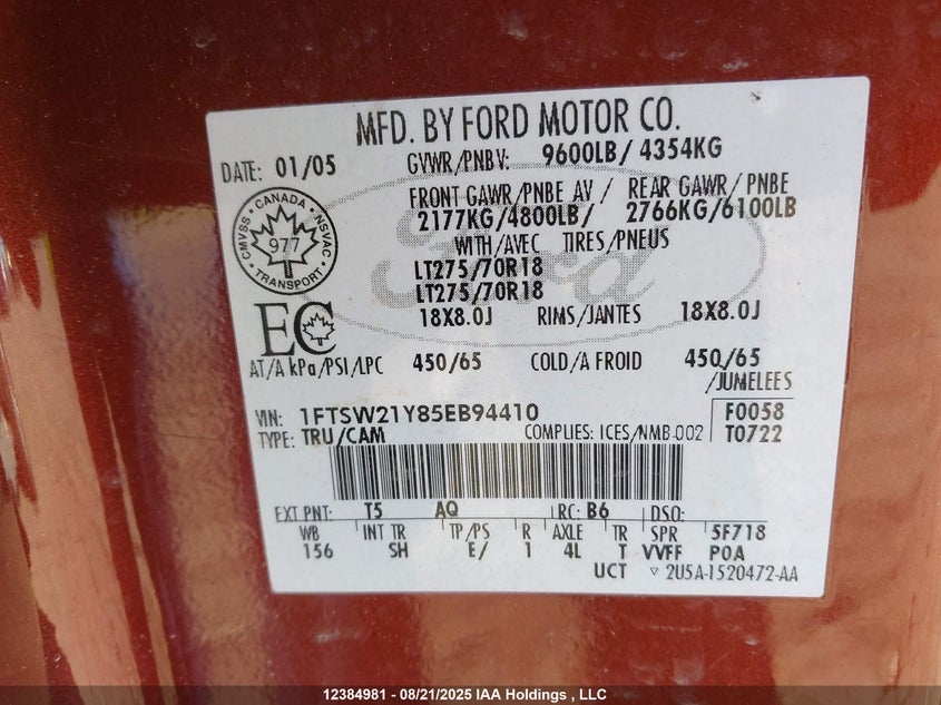 1FTSW21Y85EB94410 2005 FORD F250 photo no. 19