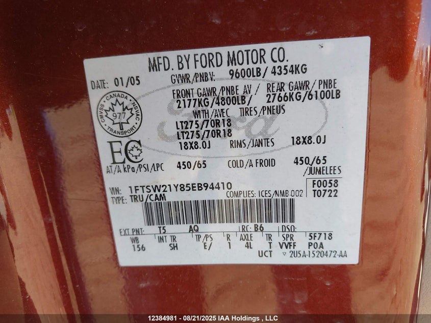 1FTSW21Y85EB94410 2005 FORD F250 photo no. 9