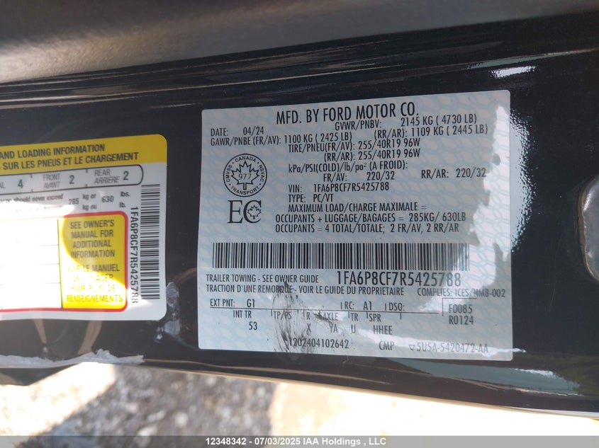 2024 Ford Mustang Gt Premium VIN: 1FA6P8CF7R5425788 Lot: 12348342X