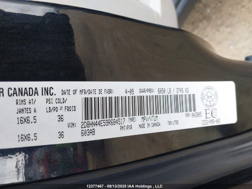 2009 Dodge Grand Caravan Se VIN: 2D8HN44E59R684517 Lot: 12377467X