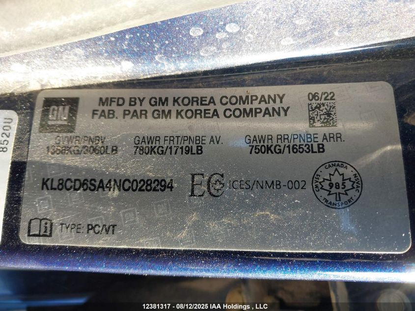 2022 Chevrolet Spark 1Lt Cvt VIN: KL8CD6SA4NC028294 Lot: 12381317X