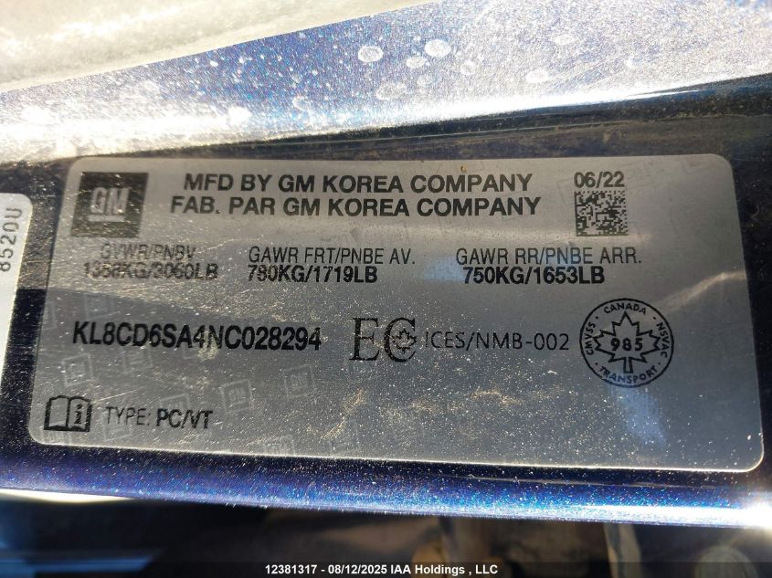 2022 Chevrolet Spark 1Lt Cvt VIN: KL8CD6SA4NC028294 Lot: 12381317X