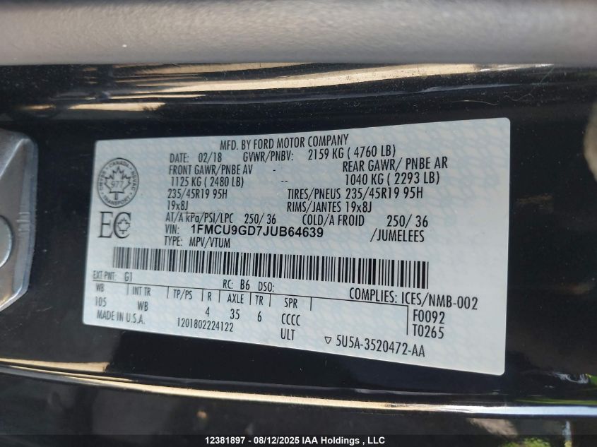 2018 Ford Escape Se VIN: 1FMCU9GD7JUB64639 Lot: 12381897X