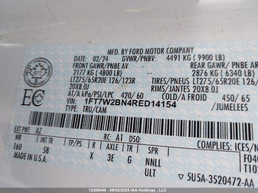2024 Ford F-250 Lariat VIN: 1FT7W2BN4RED14154 Lot: 12385049
