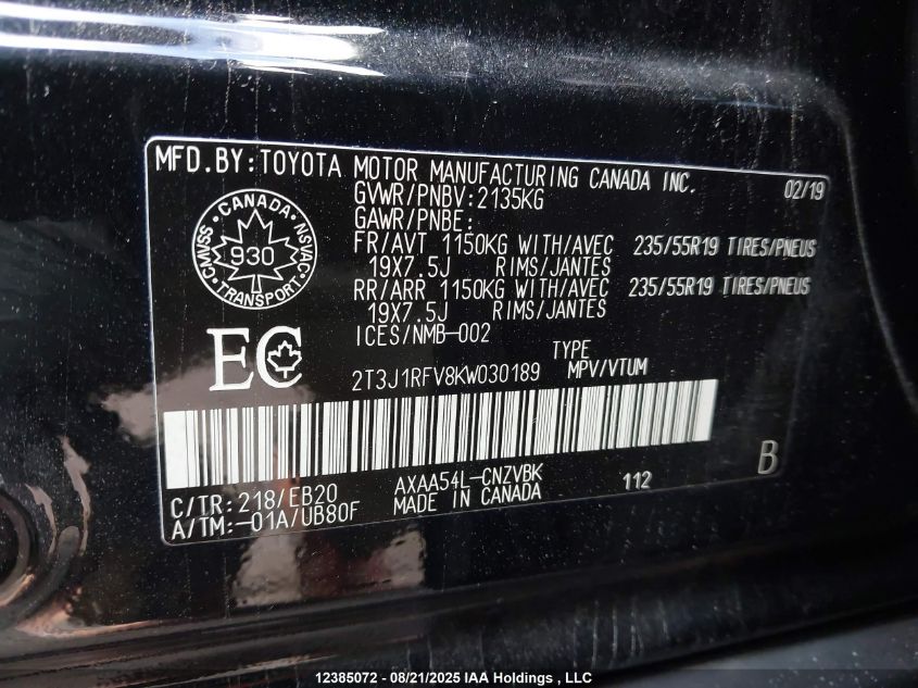 2019 Toyota Rav4 Adventure VIN: 2T3J1RFV8KW030189 Lot: 12385072