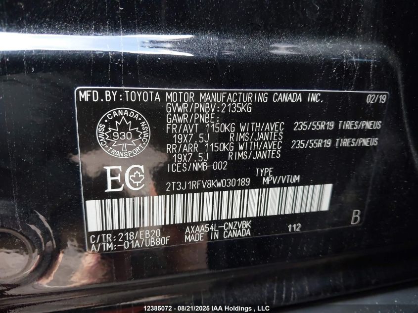 2019 Toyota Rav4 Adventure VIN: 2T3J1RFV8KW030189 Lot: 12385072