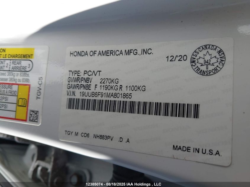 2021 Acura Tlx Platinum Elite VIN: 19UUB6F91MA801865 Lot: 12385074