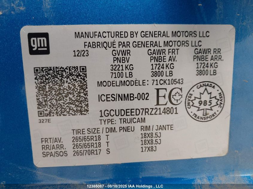 2024 Chevrolet Silverado K1500 Rst VIN: 1GCUDEED7RZ214801 Lot: 12385087