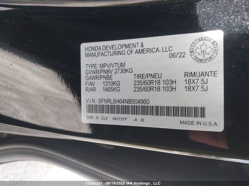 2022 Honda Odyssey Ex-L VIN: 5FNRL6H64NB504960 Lot: 12385201