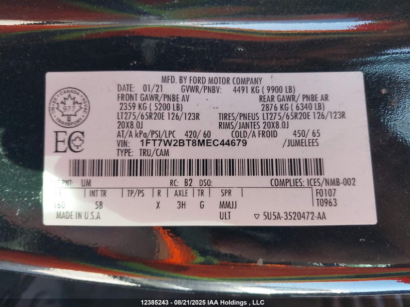 2021 Ford F-250 Lariat VIN: 1FT7W2BT8MEC44679 Lot: 12385243