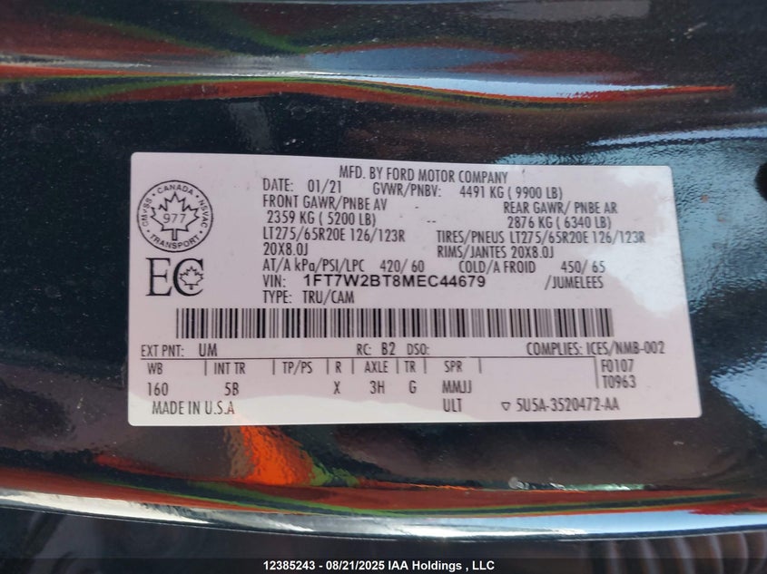 2021 Ford F-250 Lariat VIN: 1FT7W2BT8MEC44679 Lot: 12385243