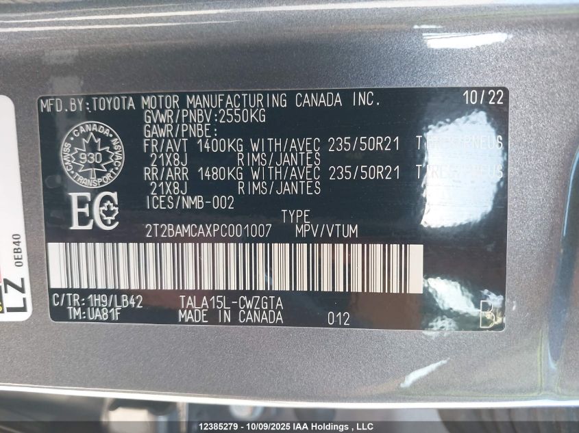 2023 Lexus Rx 350 VIN: 2T2BAMCAXPC001007 Lot: 12385279