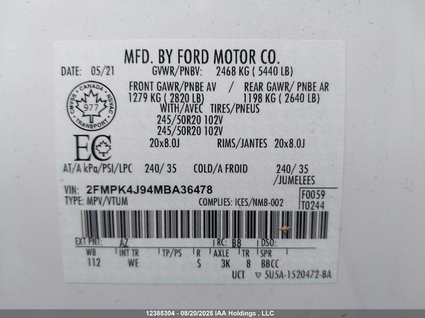 2FMPK4J94MBA36478 2021 FORD EDGE photo no. 9