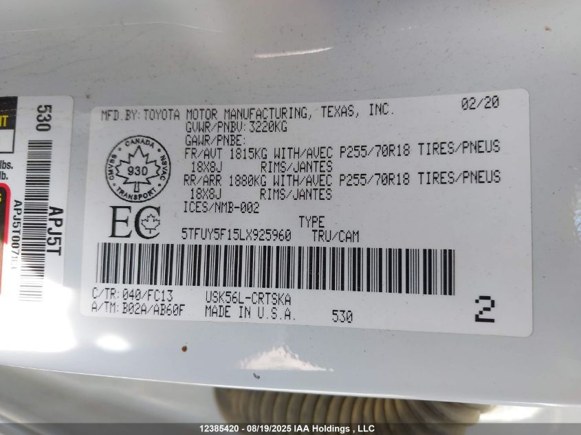 2020 Toyota Tundra VIN: 5TFUY5F15LX925960 Lot: 12385420