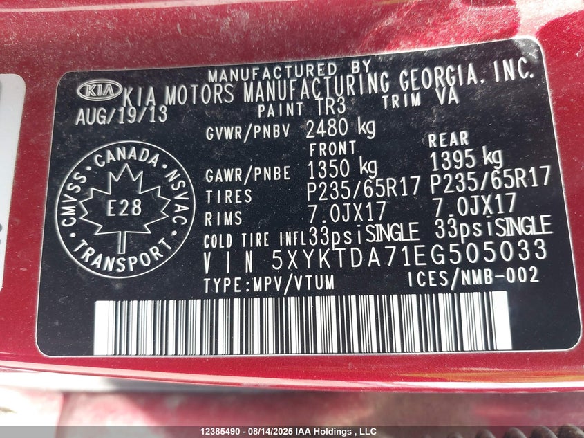 2014 Kia Sorento Lx V6 VIN: 5XYKTDA71EG505033 Lot: 12385490