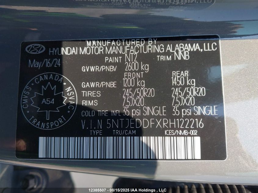 2024 Hyundai Santa Cruz Limited VIN: 5NTJEDDFXRH122216 Lot: 12385507