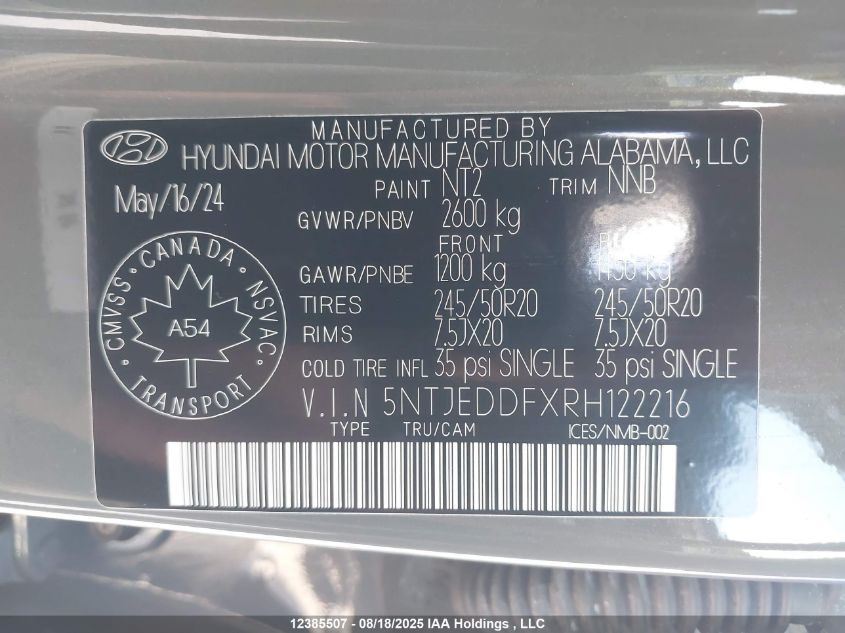 2024 Hyundai Santa Cruz Limited VIN: 5NTJEDDFXRH122216 Lot: 12385507