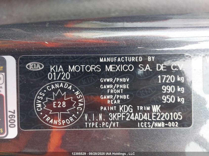 2020 Kia Forte Lx VIN: 3KPF24AD4LE220105 Lot: 12385529