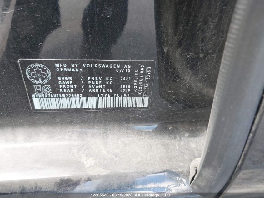 2019 Volkswagen Golf R 2.0 Tsi VIN: WVWVA7AU7KW226663 Lot: 12385536
