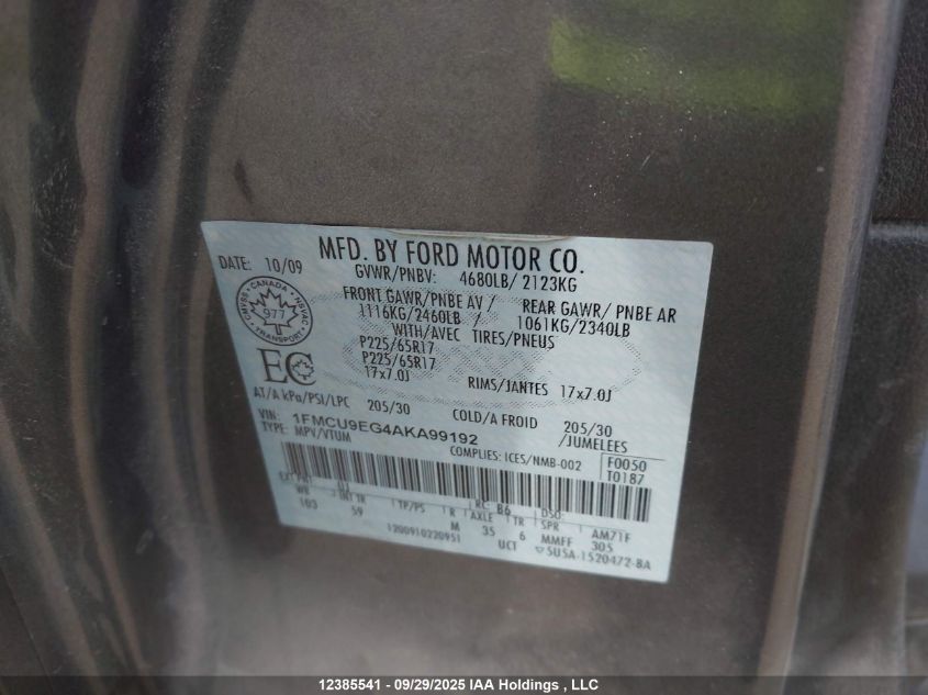 2010 Ford Escape Limited VIN: 1FMCU9EG4AKA99192 Lot: 12385541