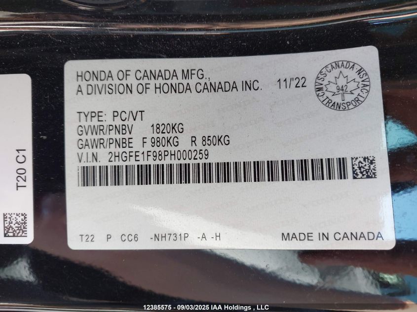2023 Honda Civic Touring VIN: 2HGFE1F98PH000259 Lot: 12385575