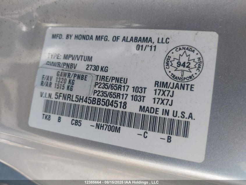 2011 Honda Odyssey Ex VIN: 5FNRL5H45BB504518 Lot: 12385664