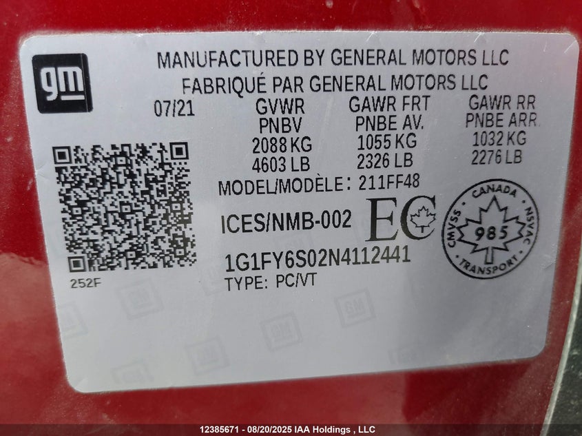 2022 Chevrolet Bolt Euv Lt VIN: 1G1FY6S02N4112441 Lot: 12385671