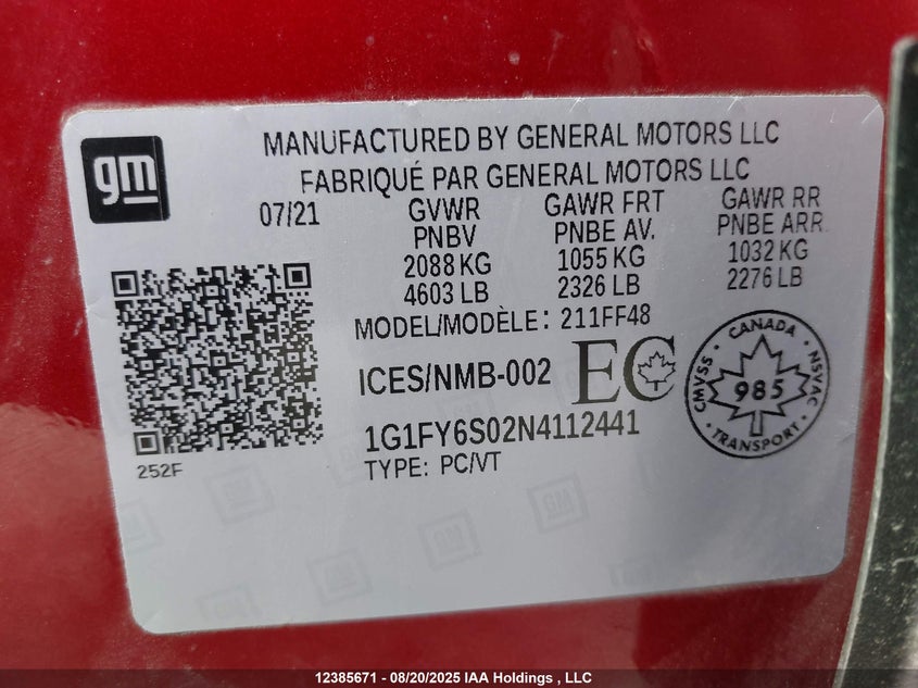 2022 Chevrolet Bolt Euv Lt VIN: 1G1FY6S02N4112441 Lot: 12385671